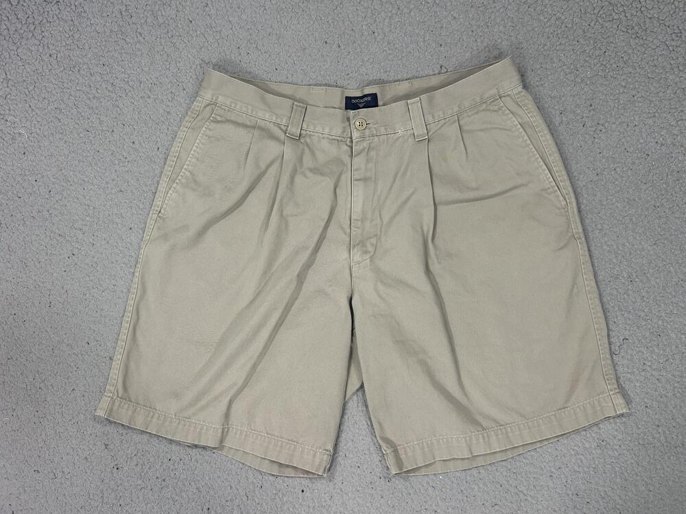Vintage Dockers Shorts Mens 34 Beige Pleated Chino Classic Preppy Cotton Twill